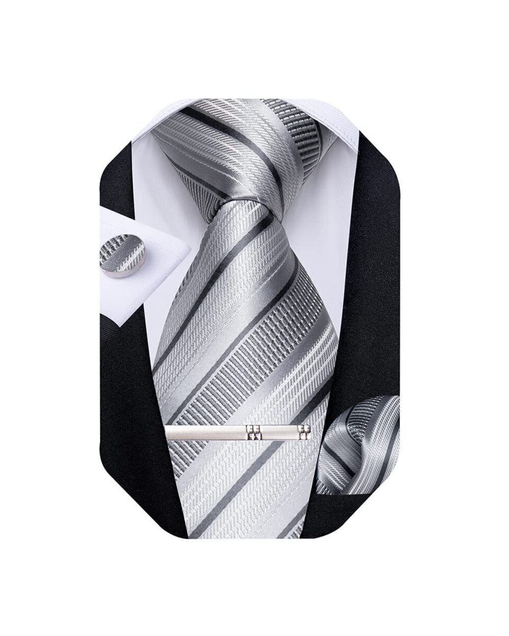 9454 Striped Tie Silk Woven Necktie and Pocket Square Cufflinks Tie Clip